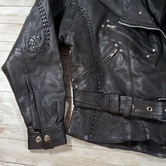 Vintage Leather Protech Cropped Laced Braided Woven Studded Biker Moto Jacket‎ 8 - Picture 6 of 16